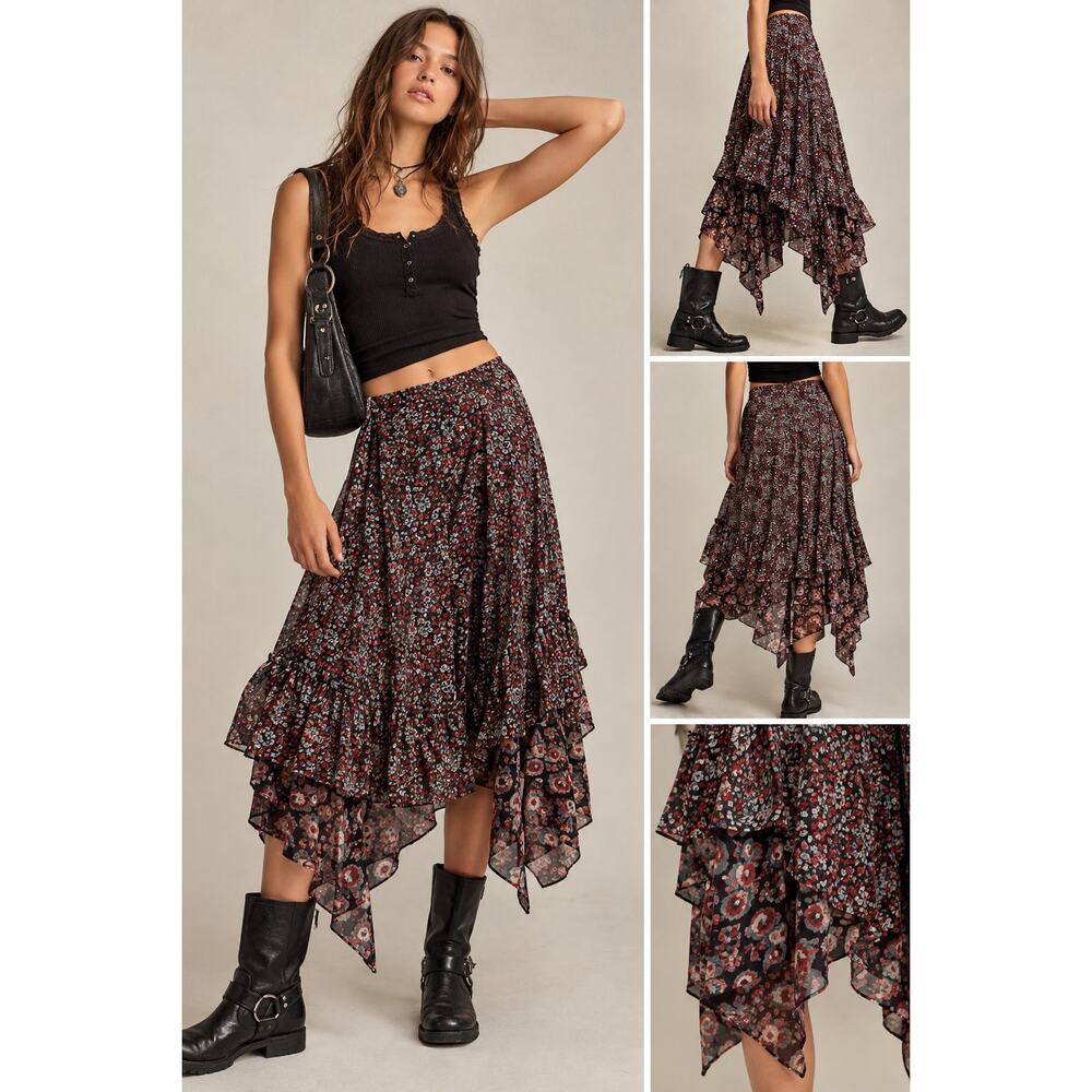 Free People Zuma Drippy Ruffle Skirt Womens 4 Floral Asymmetrical Boho Midi